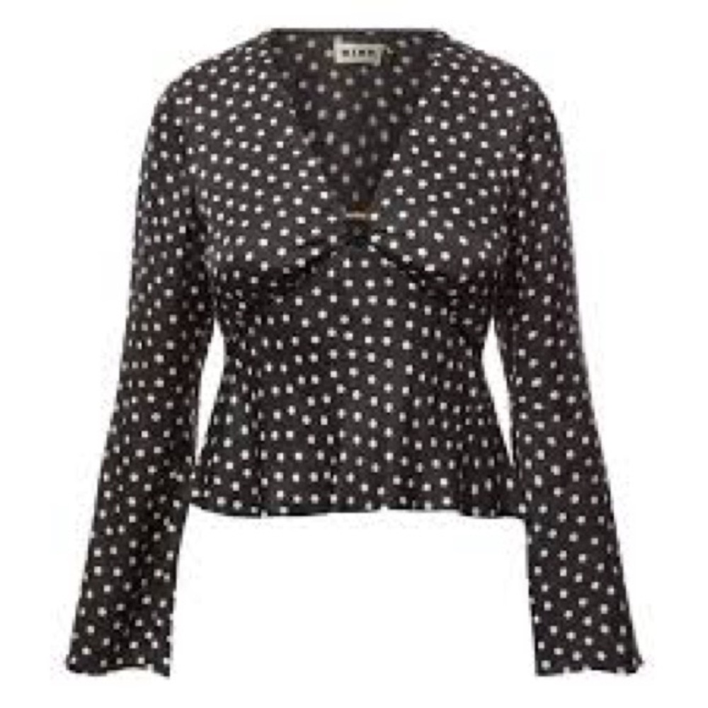 RIXO Black and White Polka Dot Twist-Front Blouse